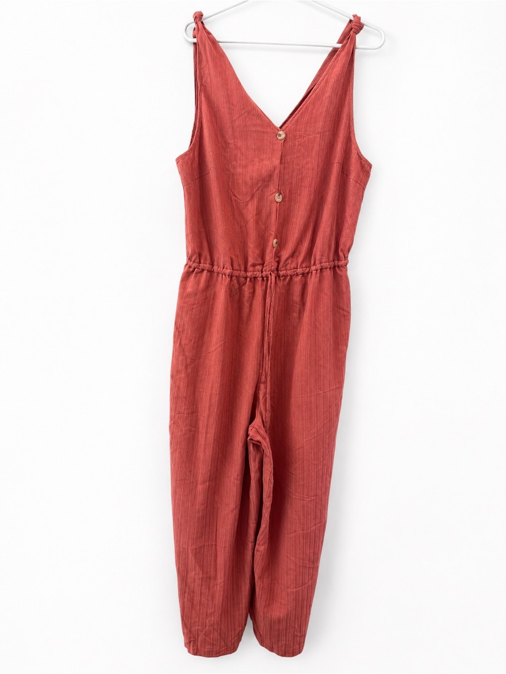 SHEIN Rust Orange Button-Front V-Neck Tie-Shoulder Jumpsuit